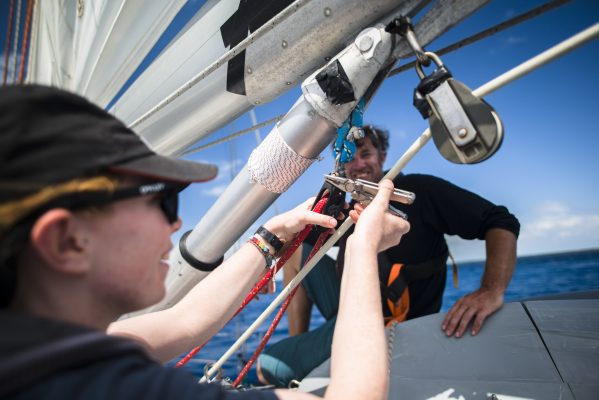 Replacing a worn kicker swivel block on an ocean passage - makes sure you have the right tools for the job before you set off