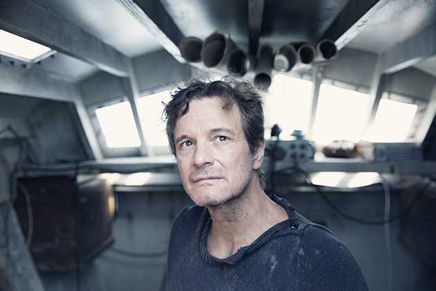 Colin Firth in a black jumper on board a boat in The Mercy
