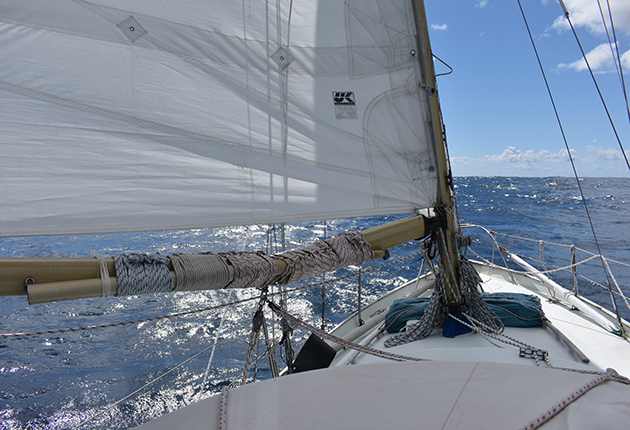 During the Longue Route, Tony Curphey had to deal with all sorts of gear failure including a damaged boom, which he lashed, following an accidental gybe.