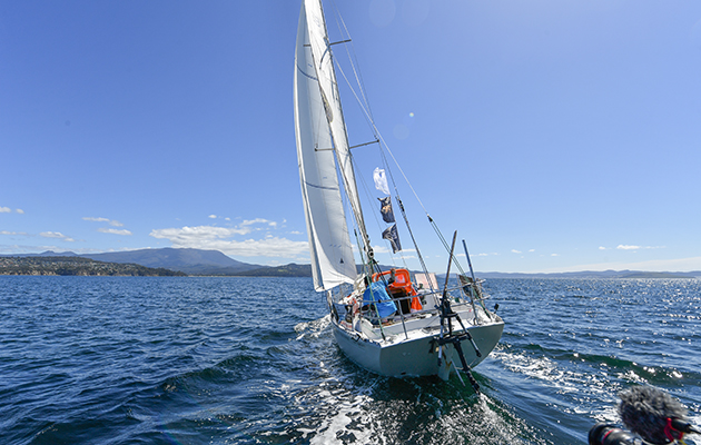Mark Slats leaving Hobart during the Golden Globe Race