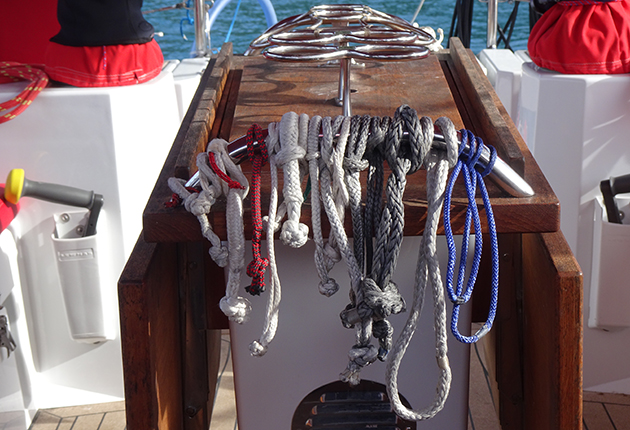 Soft shackles in a cockpit ofa yacht