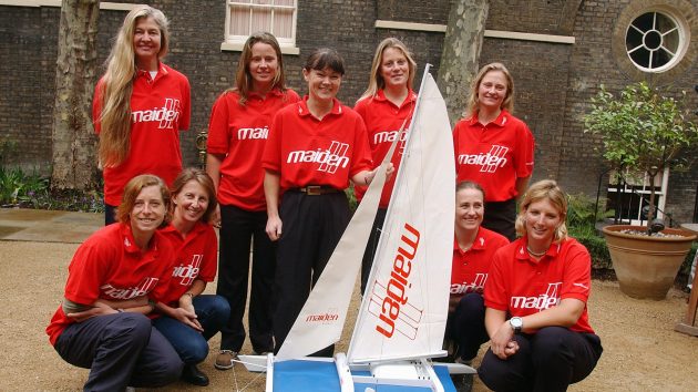The 110ft maxi-catamaran, Maiden II, nurtured female sailing talent including Vendee Globe skippers Sam Davies (back row, second from right) and Miranda Merron (front row, first left). Credit: Getty