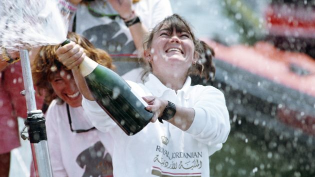 Proving them all wrong, Tracy Edwards after arriving back in Southampton having led the first all-female crew around the world. Credit: Getty