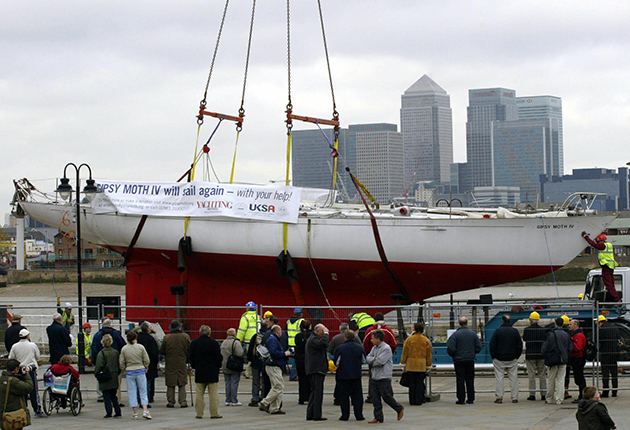 A sailing ketch being lifted out at Greenwich