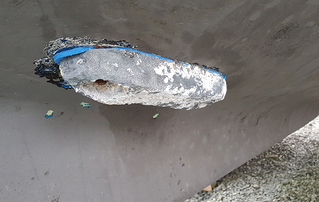 Anodes on the hull of a yacht