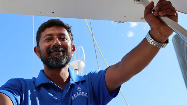 Golden Globe Race sailor Abhilash Tomy wearing a blue tshirt
