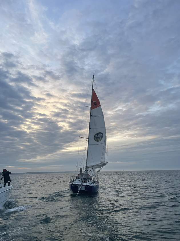 Abhilash Tomy crossed the finish line at 236 days at sea. Credit: Katy Stickland