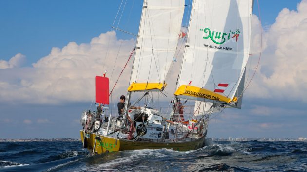 A Biscay 36 ketch with a yellow hull and white sails sailing on the ocean