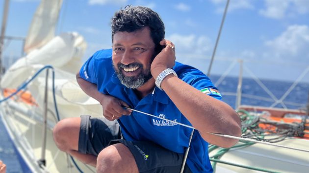Abhilash Tomy, a skipper in the Golden Globe Race, wearing a blue tshirt