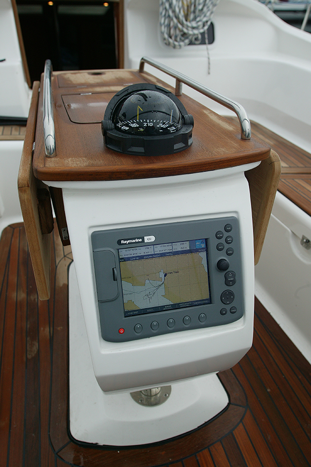A chart plotter close to the helm of a boat. Having a electronic navigation aid close to the helm can be invaluable