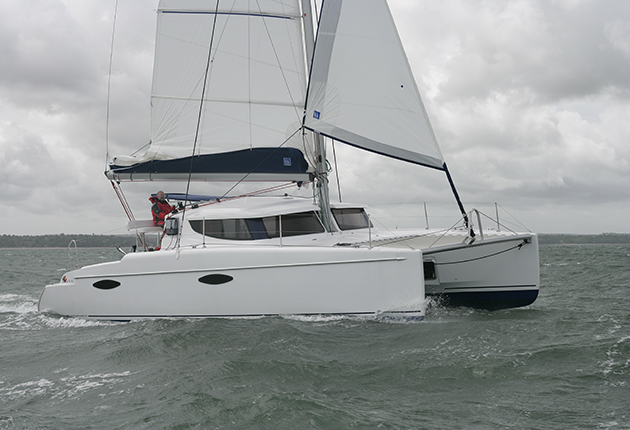 A Mahe 36 catamaran being sailed off Portsmouth