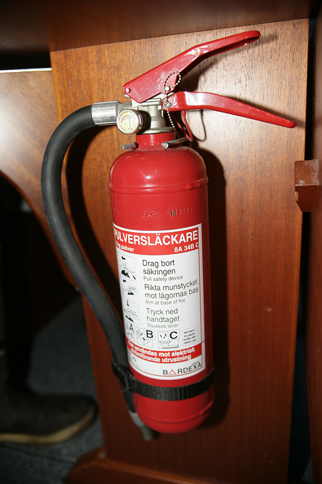 A fire extinguisher onboard a yacht