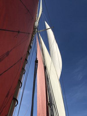 The jib topsail (top right), a free-flying sail, is set from the bowsprit to the topmast. The topsail (far top left) is set between the gaff and the topmast