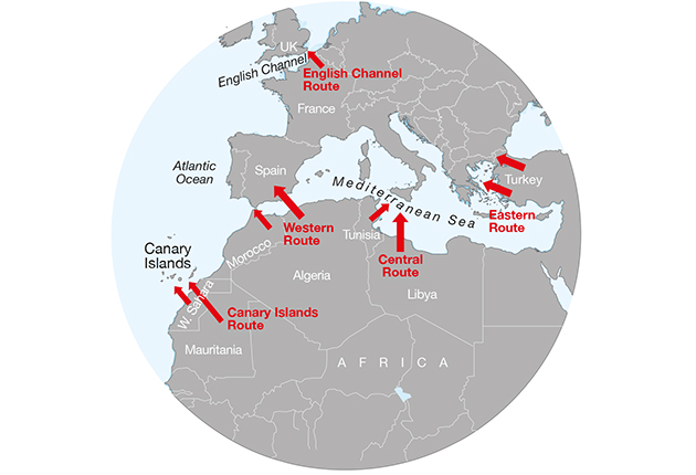 A chart showing the routes migrants at sea take
