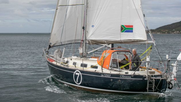 Golden Globe Race skipper jeremy Bagsahw on the deck of his OE32