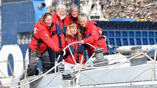 Part of the original Maiden crew reunited onboard ahead of the 58ft yacht's 2017-18 refit. Credit: Rick Tomlinson