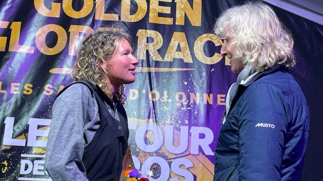 Catherine Chabaud, the first female sailor to race solo non stop around the world without assistance was there to greet Kirsten Neuschafter on. her arrival. Credit: Katy Stickland