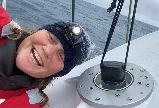 Pip Hare smiling after replacing her port rudder stock during the Vendee globe