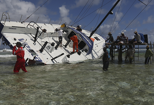 The Volvo Ocean Race boat Team Vestas Wind on a reef.