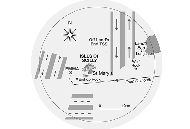 A chart showing a yacht sailing around LAnd's End