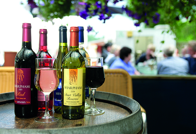 Bottles of red and white wine standing on top of a barrel