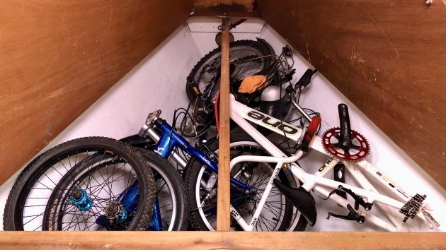 Bikes in the forepeak of a yacht