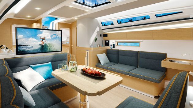 A saloon on a yacht with windows