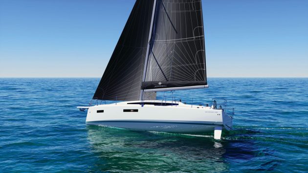 A yacht sailing away with black sails