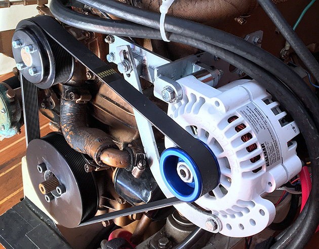 An alternator belt on an engine