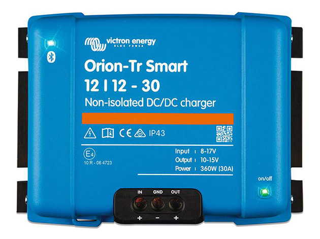 A blue A DC-DC battery to battery charger