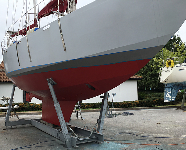The hull of a steel yacht