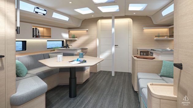 Graphic of the galley, with skylights shining over the light wood furniture. There are two small, long windows out to the sea.
