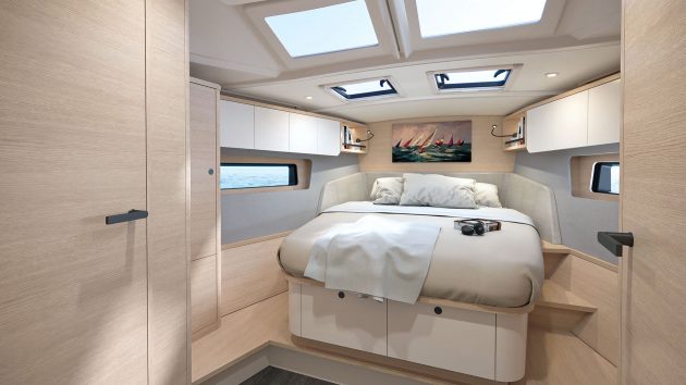 Graphic of the cabin inside the Dufour 44. The aesthetic is beige, and white, with four skylights.
