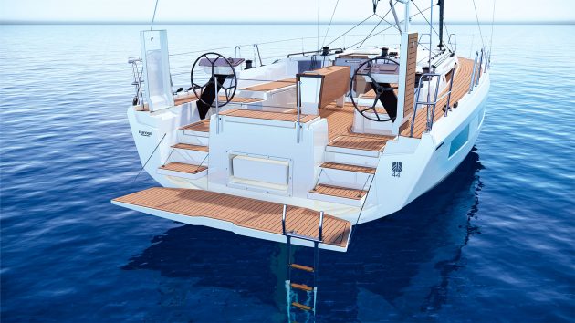 Graphic of the aft of the Dufour 44. It has small steps down to a little aft deck.