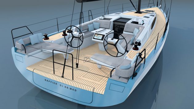 Graphic of the Med Version's Aft. It has two wheels, a wooden deck, and sleek interior.