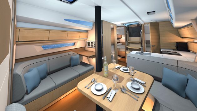 Graphic render of the galley, including spacious seating area.