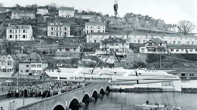 Launch of the 65ft trimaran Brittany Ferries GB in Looe harbour 1981.