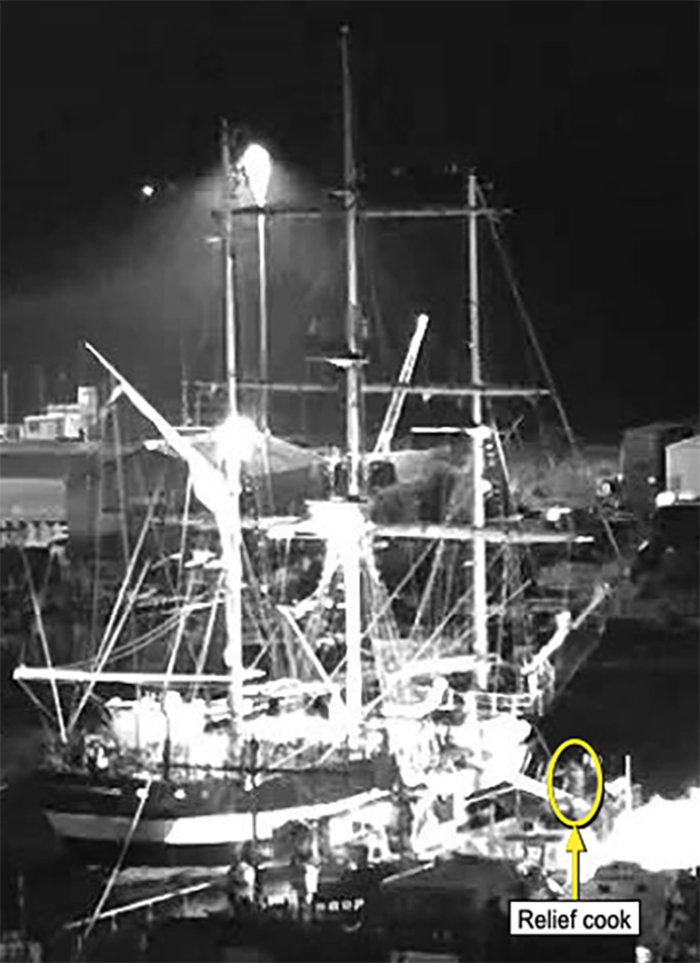 A CCTV still showing a man returning to the Pelican of London sail training ship