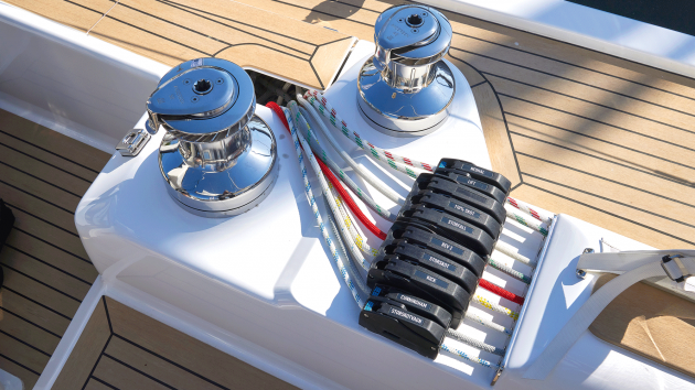 Rope bins help keep control lines tidy at the helm.