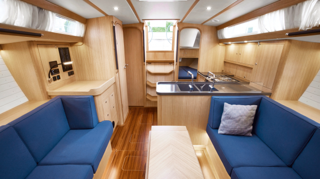 In the three-cabin layout, the starboard compartment is a shower that doubles as a wet locker, but not a heads.