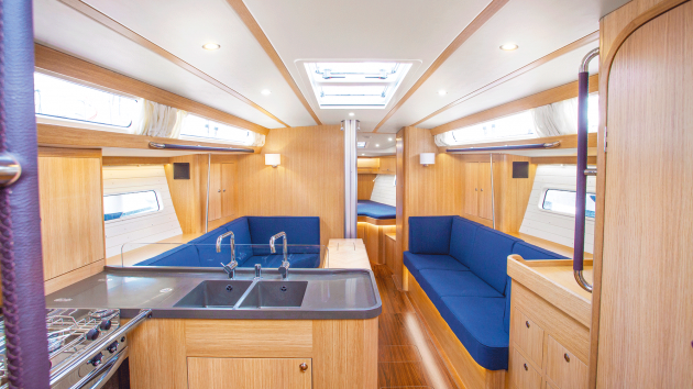 Coachroof hatches and windows, plus large hull lights, make the accommodation light and well ventilated.