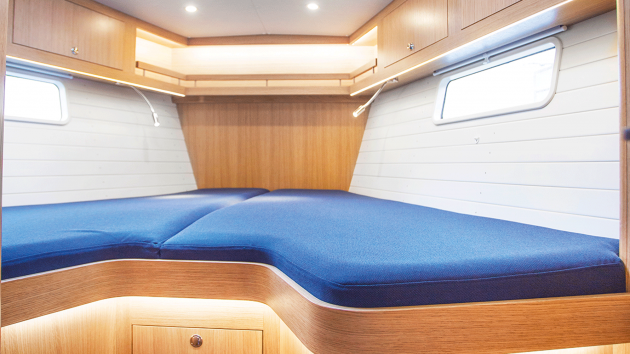 A V-berth is standard, but the two-cabin version has a larger cabin and island double.