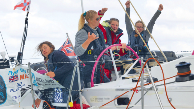 Heather Thomas celebrating winning the Ocean Globe Race.