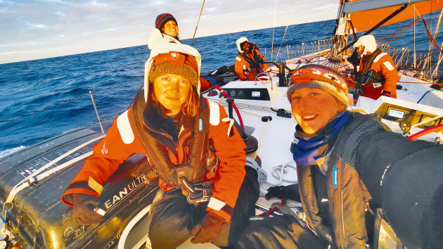 Rachel (right) and some of the Maiden crew under mackerel skies