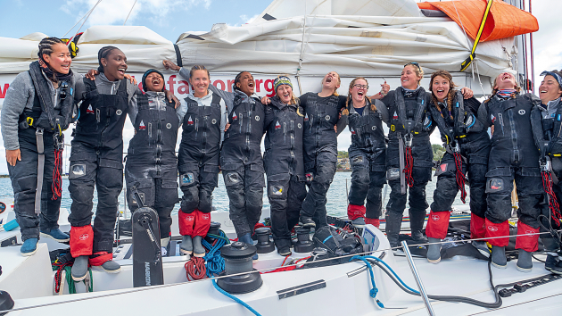 A joyful moment after the finish line in Cowes.