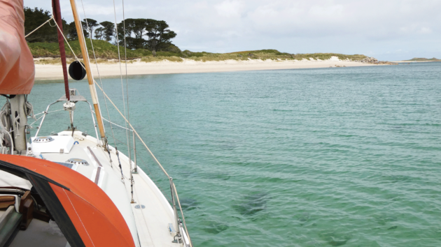 Snug at anchor in Pentle Bay, sheltered by Lizard Point