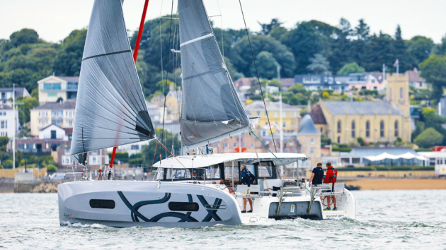 The catamaran on the water